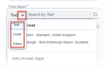 airport search options expanded with dropdown and 3 search methods highlighted