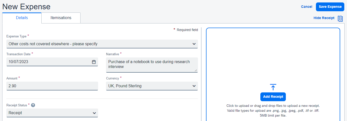 Other costs expense type with fields completed for claiming the cost of a notebook