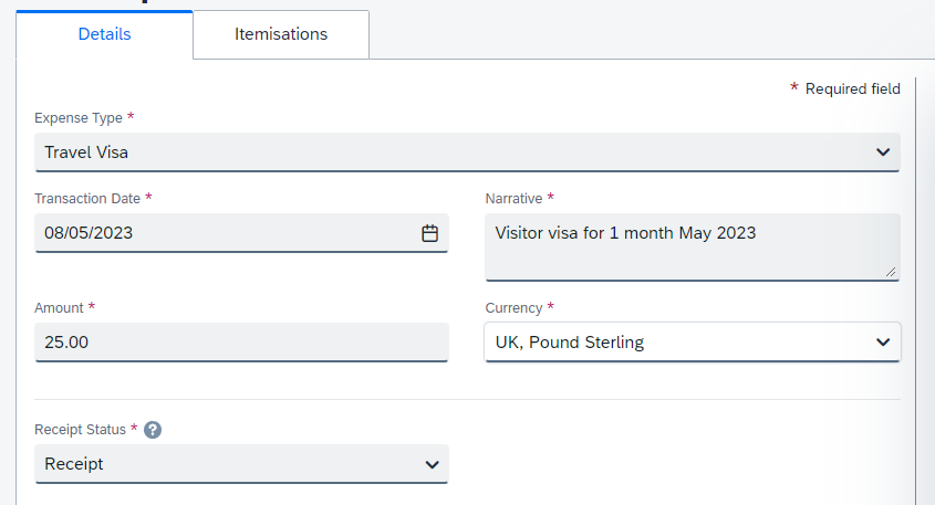 Travel visa expense type with 1 month travel visa details entered